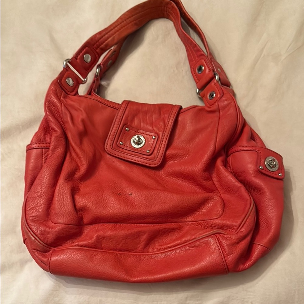 Red Pebbled Leather Shoulder Bag with Turnlock Closure